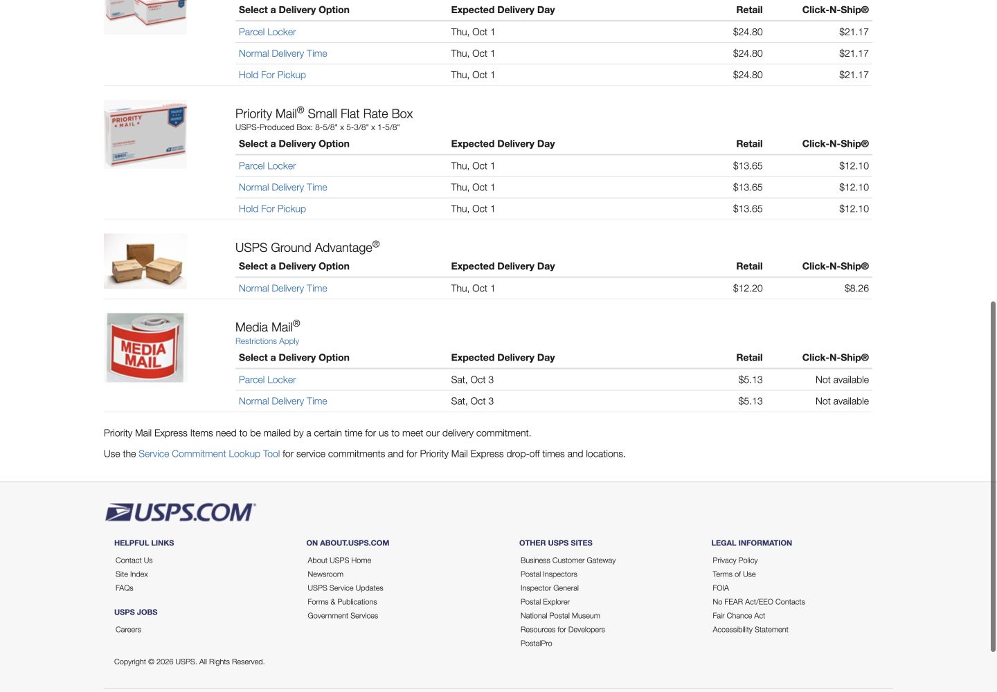 Lower section of the USPS results showing Ground Advantage at 12 dollars 20 retail and 8 dollars 26 online