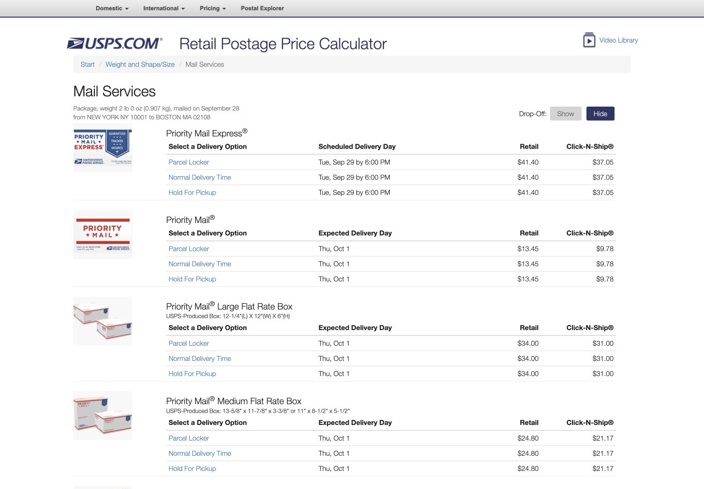 USPS Retail Postage Price Calculator results showing Priority Mail Express and Priority Mail delivery dates with retail and online prices
