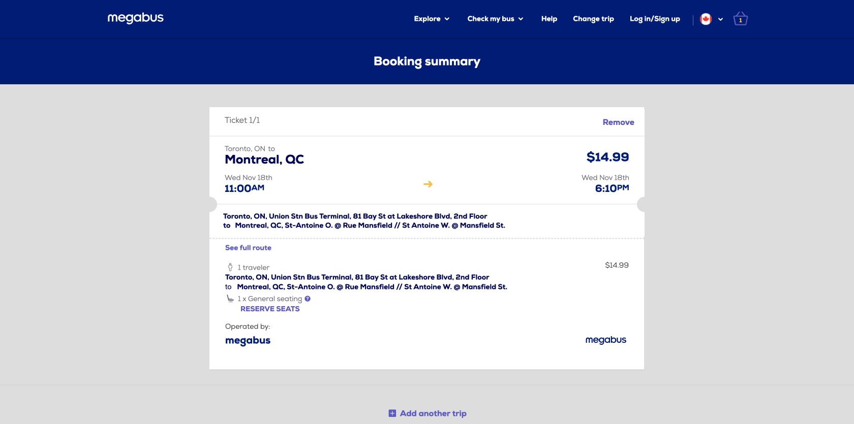 Megabus basket showing Toronto to Montreal itinerary, fare, booking fee, tax and 22 dollar 58 cent total