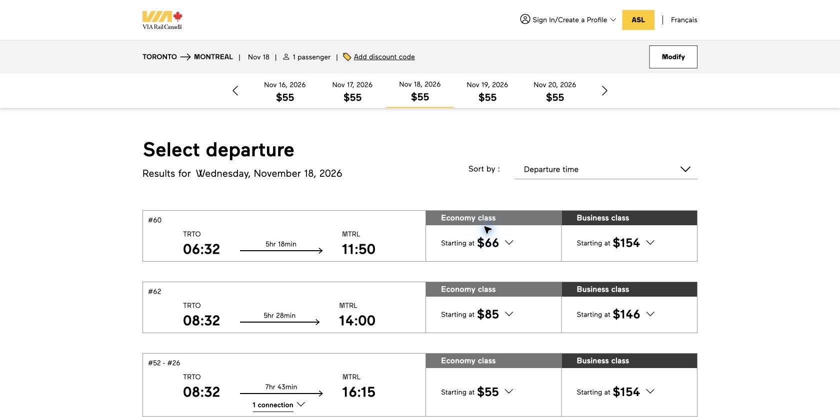 VIA Rail Toronto to Montreal results showing train 64 from 11:38 to 17:11