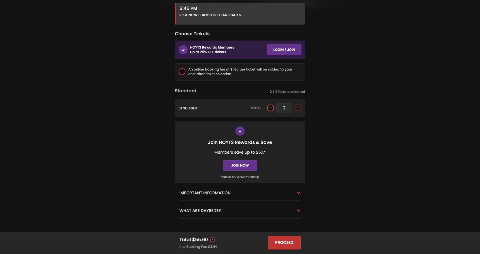 HOYTS ticket selection showing two adult tickets, online booking fees and a $55.60 total