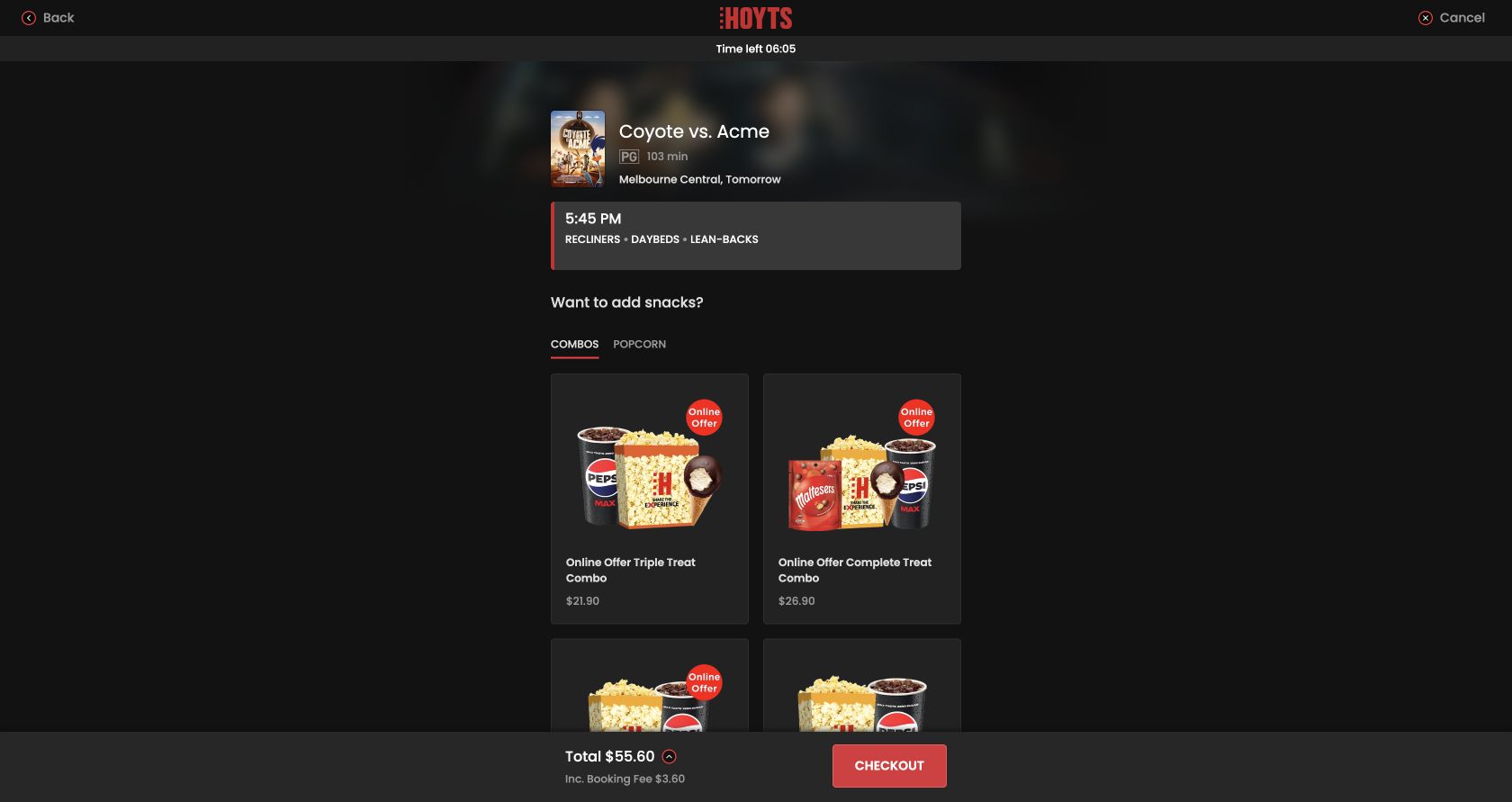 HOYTS optional snack selection page shown after seats and ticket quantities were chosen