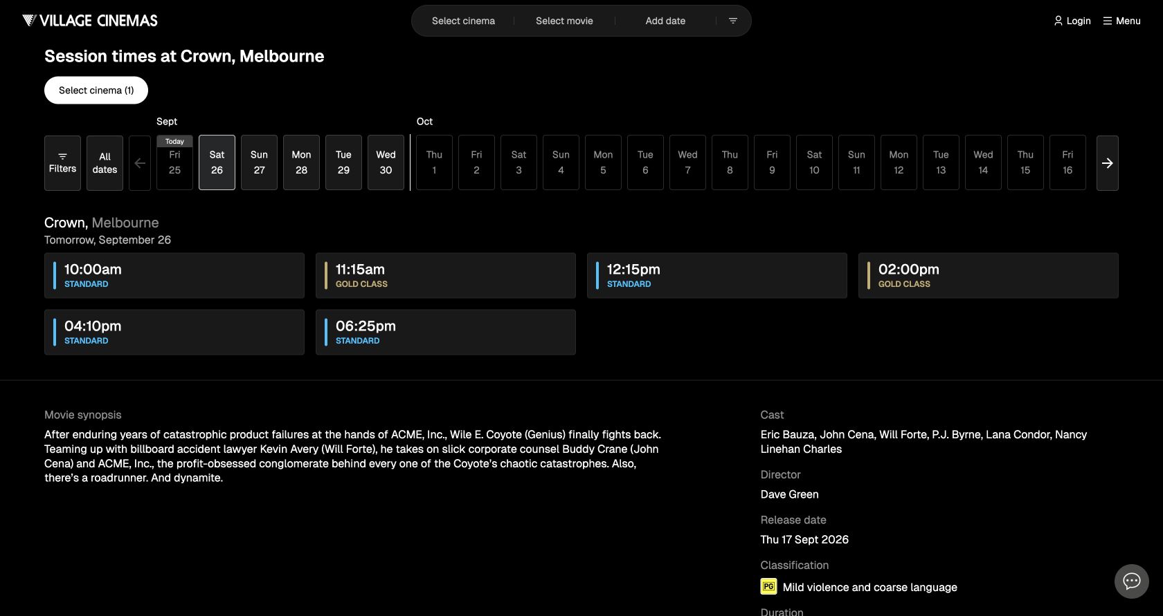 Village Cinemas Coyote vs. Acme sessions for Crown, including Standard and Gold Class times