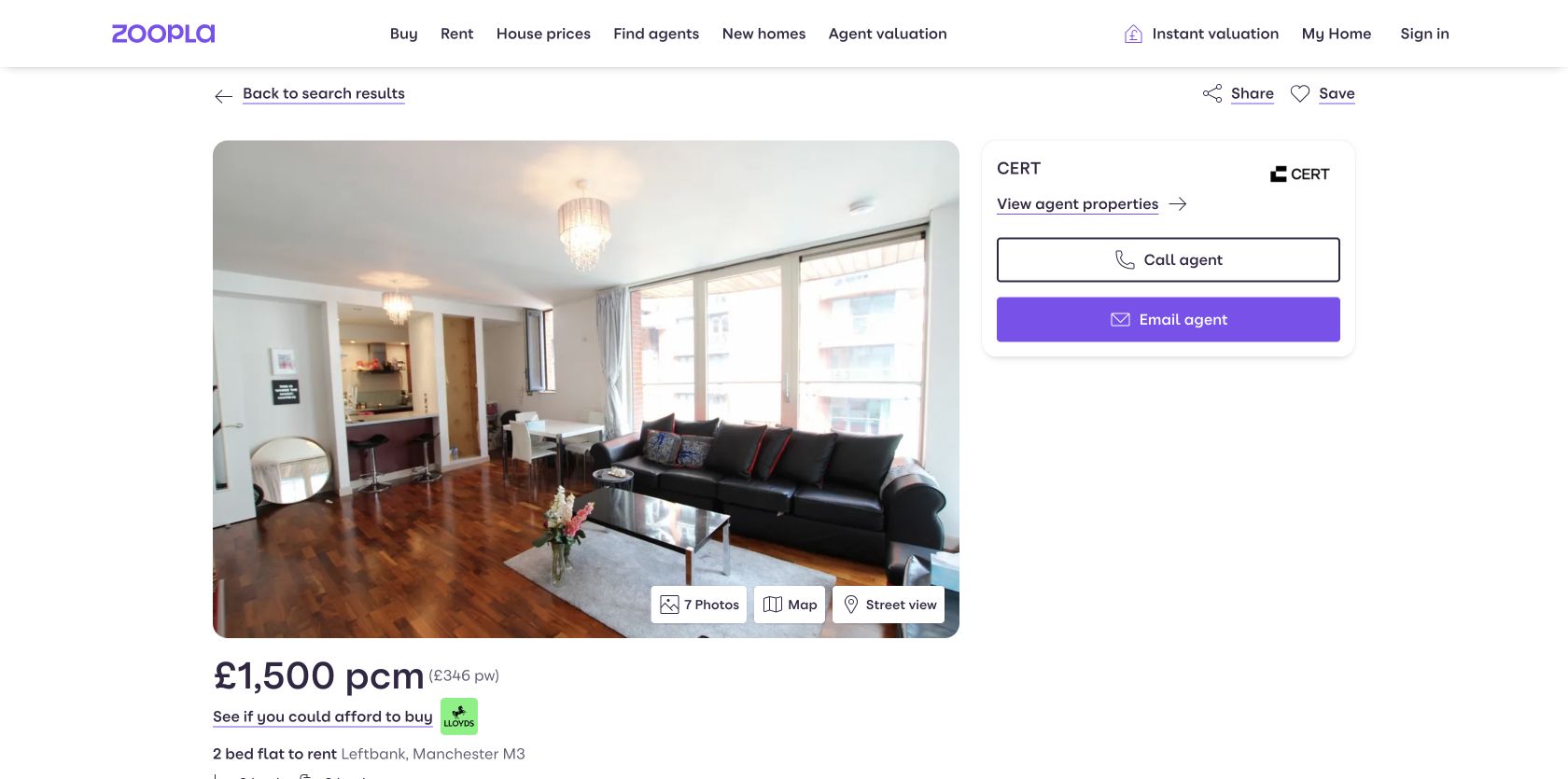 Zoopla detail page for a Leftbank flat showing photos, a 1500 pound monthly rent and email agent action