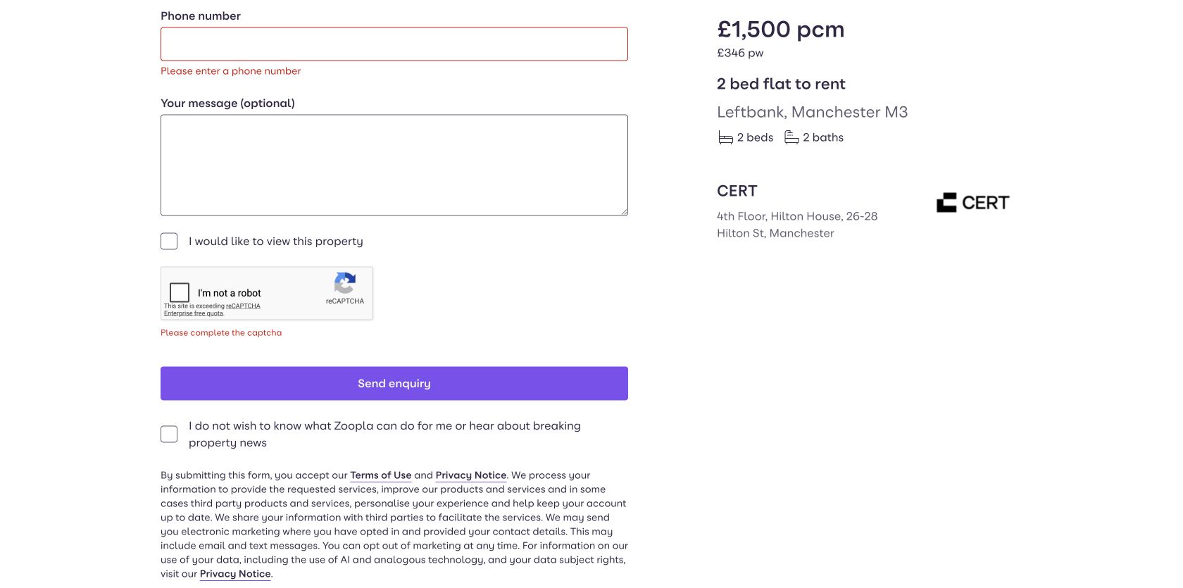 Zoopla guest enquiry form showing required phone and CAPTCHA errors beside the selected rental summary