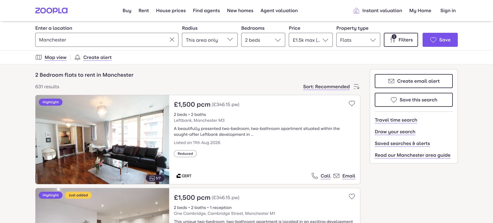 Zoopla Manchester rental results showing filters for two-bedroom flats under 1500 pounds and 631 results