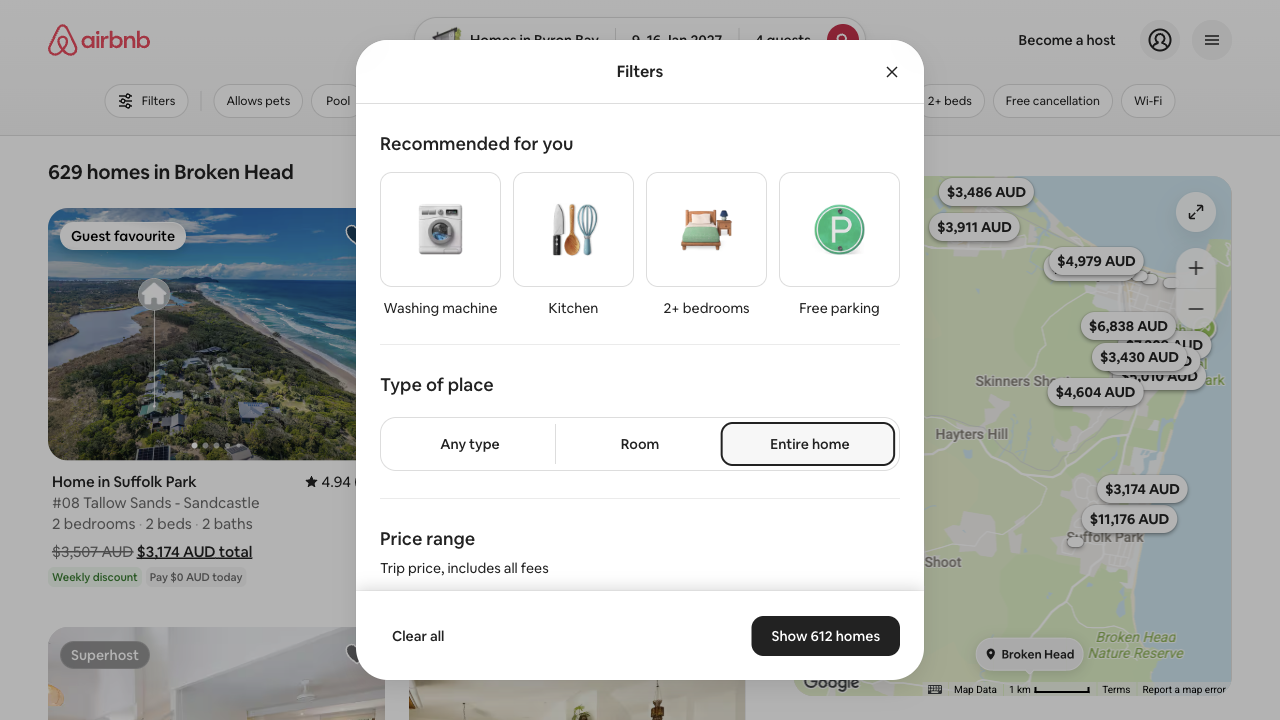 Airbnb's Filters window over the results with Entire home chosen under Type of place, the price range described as Trip price, includes all fees, and a Show 612 homes button