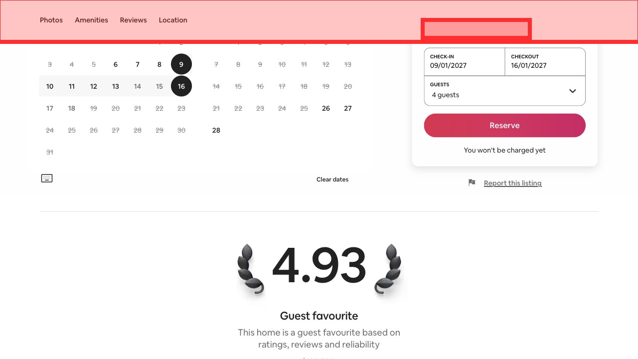 Airbnb's holiday home page scrolled so the fixed bar with Amenities, Reviews and Location covers the top of the booking box, with the hidden, focused total-price button outlined in red