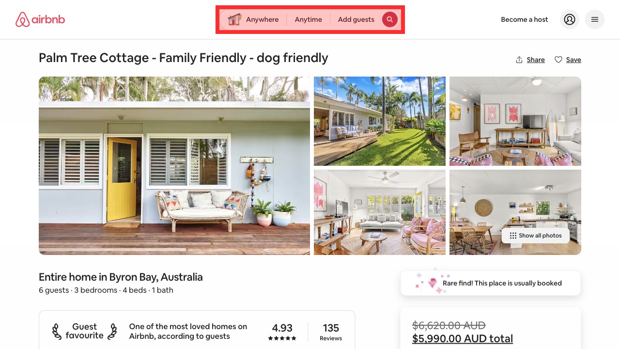 Airbnb's Palm Tree Cottage page with the header search outlined in red, reading Anywhere, Anytime and Add guests