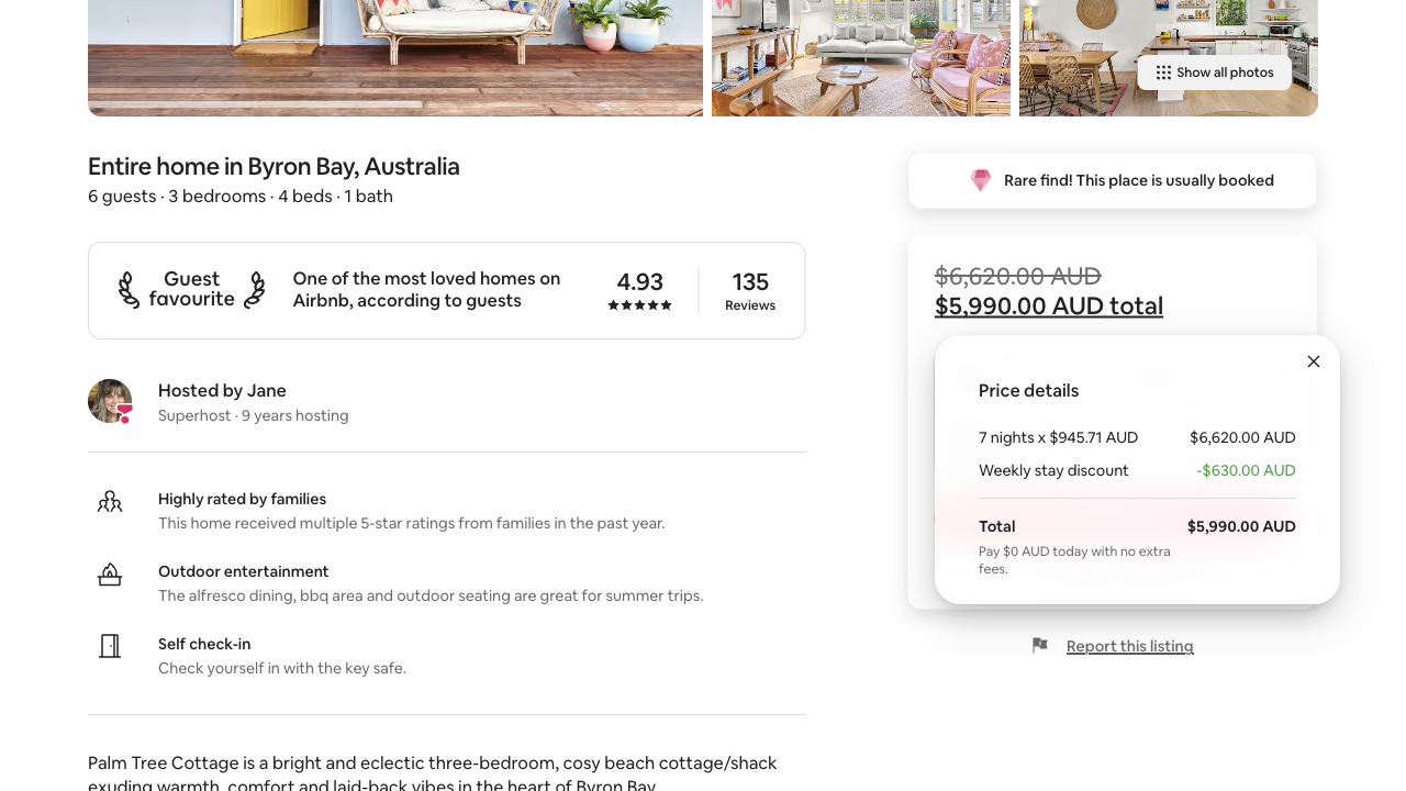 Airbnb's Price details window: 7 nights at $945.71 AUD, $6,620.00 AUD, a weekly stay discount of $630.00 AUD, a total of $5,990.00 AUD and Pay $0 AUD today with no extra fees