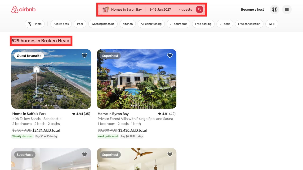 Airbnb's search results with the search bar reading Homes in Byron Bay, 9 to 16 Jan 2027, 4 guests, and the heading 629 homes in Broken Head outlined in red