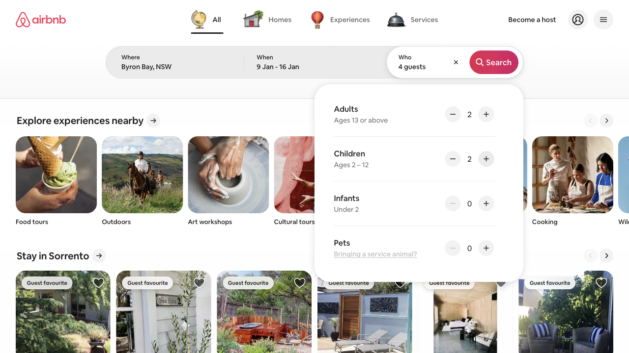 Airbnb's home page search filled in with Byron Bay, NSW, 9 Jan to 16 Jan and 4 guests, with the guest panel open listing adults, children, infants and pets with their age groups