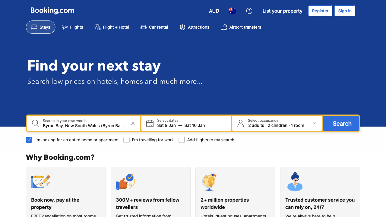 Booking.com's home page search with the box I'm looking for an entire home or apartment ticked under the search bar