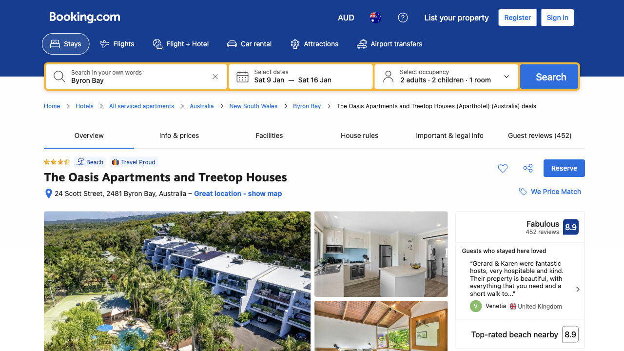 Booking.com's page for The Oasis Apartments and Treetop Houses with Byron Bay, Sat 9 Jan to Sat 16 Jan and 2 adults, 2 children kept in the header search