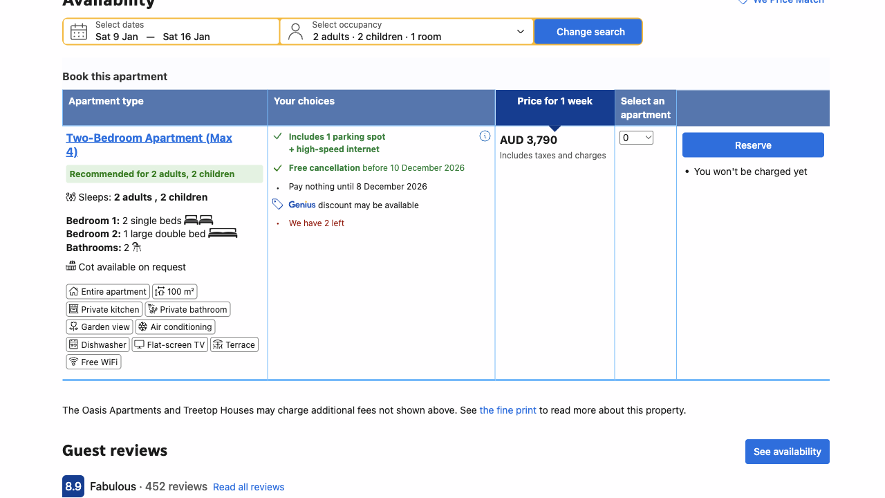 Booking.com's room table showing Price for 1 week AUD 3,790 including taxes and charges, with a note below that the property may charge additional fees not shown above