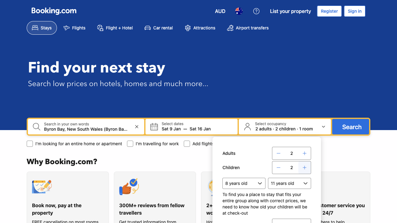 Booking.com's search filled in with Byron Bay, Sat 9 Jan to Sat 16 Jan and 2 adults and 2 children, asking each child's age, with a box reading I'm looking for an entire home or apartment under the search bar