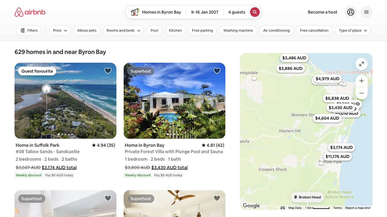A mock-up of Airbnb's results made by changing only the heading's text, which now reads 629 homes in and near Byron Bay