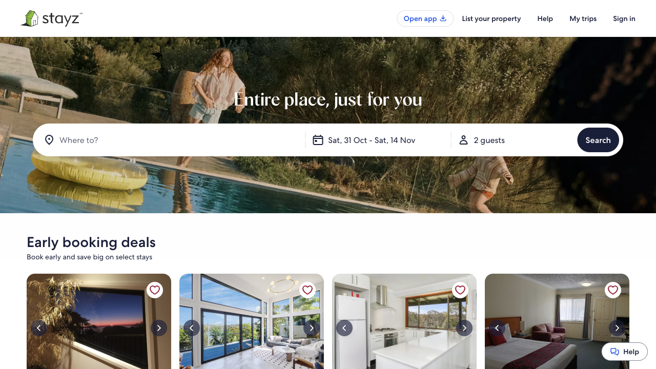 Stayz's home page headline Entire place, just for you above its search bar