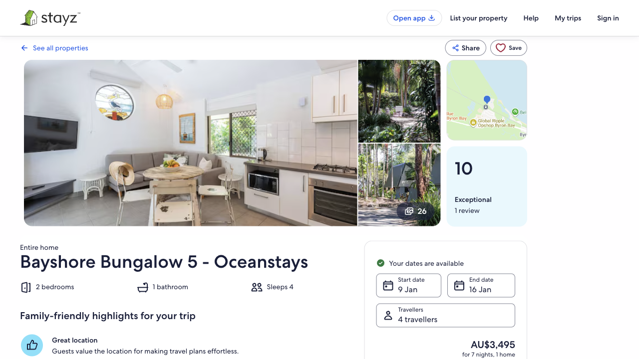 Stayz's Bayshore Bungalow 5 page showing Entire home, 2 bedrooms and Sleeps 4, with a booking box confirming Your dates are available for 9 to 16 Jan and 4 travellers