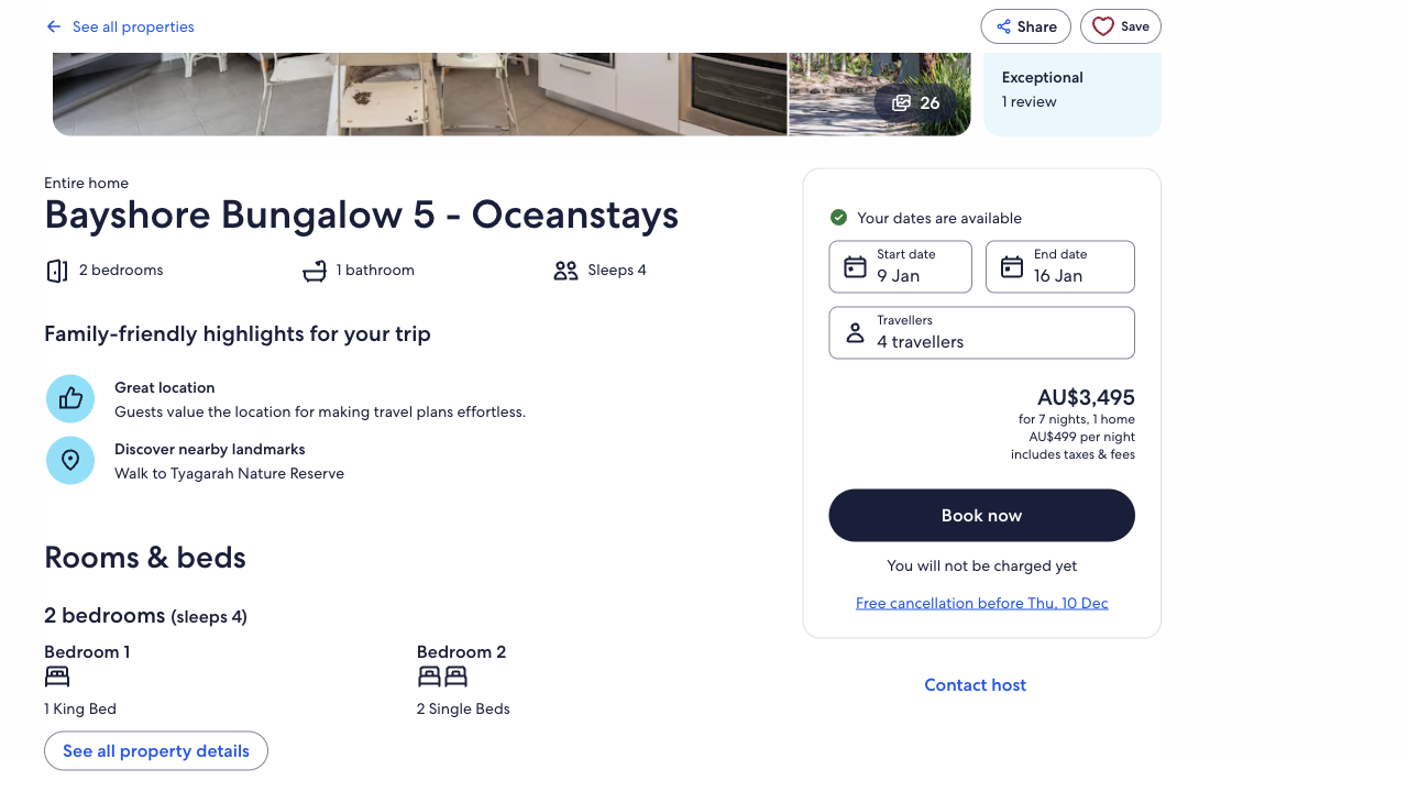 Stayz's booking box showing AU$3,495 for 7 nights, 1 home, AU$499 per night, includes taxes and fees, above a Book now button