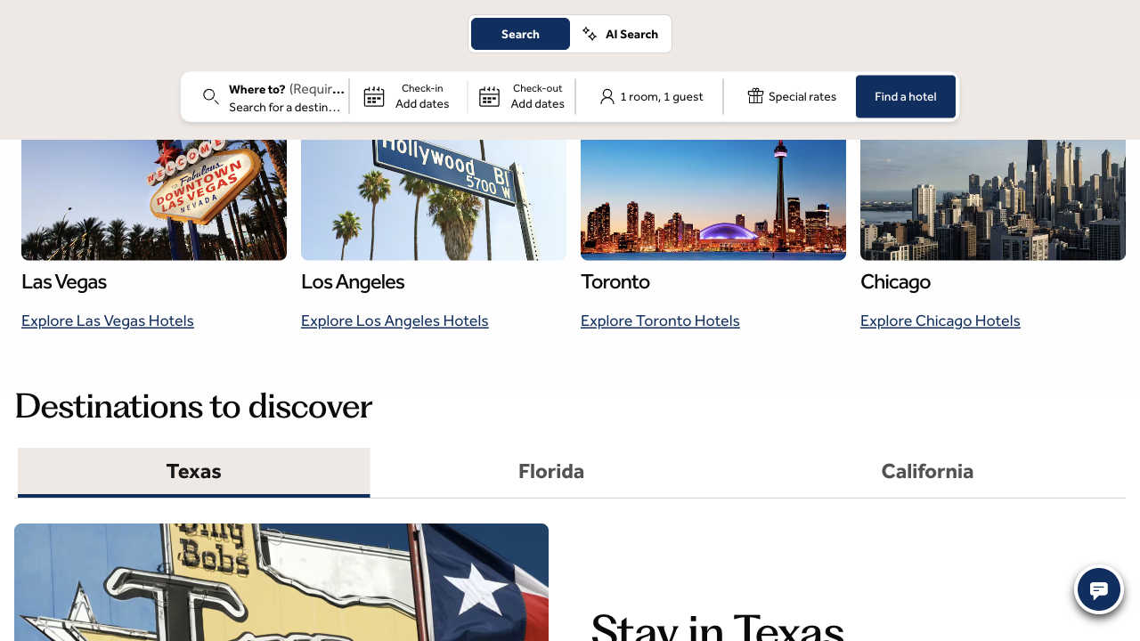 Hilton's Locations page with its search bar and destination cards for Las Vegas, Los Angeles, Toronto and Chicago, each with an Explore hotels link