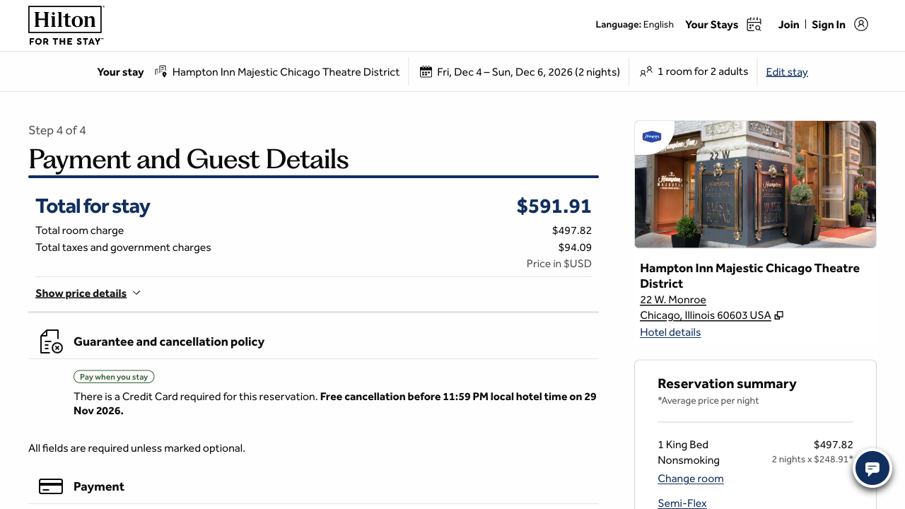 Hilton's Payment and Guest Details step repeating the total for stay of $591.91, the room charge and the taxes, with the guarantee and cancellation policy below