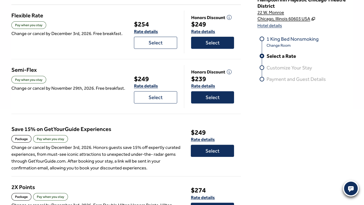 Hilton's Select a Rate step pairing Flexible Rate at $254 with Honors Discount at $249, and Semi-Flex at $249 with Honors Discount Semi-Flex at $239, each with its cancellation deadline