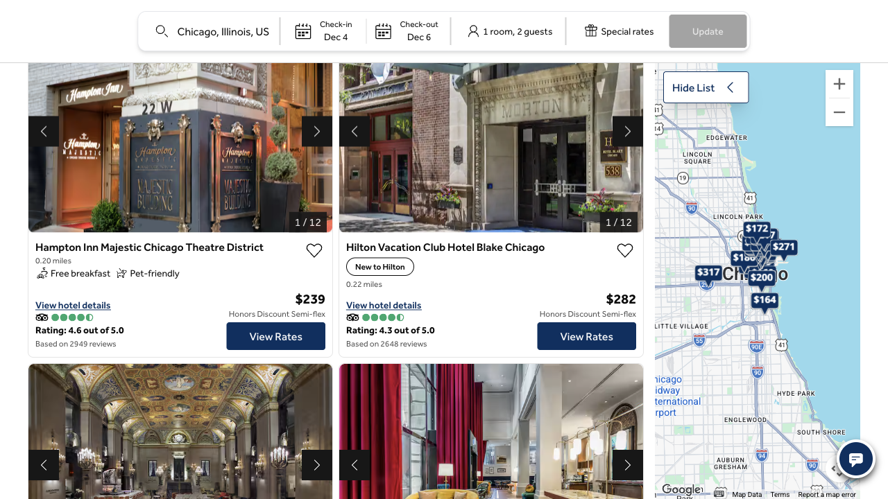 Hilton's Chicago results with the Hampton Inn Majestic Chicago Theatre District first at $239, Honors Discount Semi-flex, and the Hilton Vacation Club Hotel Blake Chicago at $282, beside a map