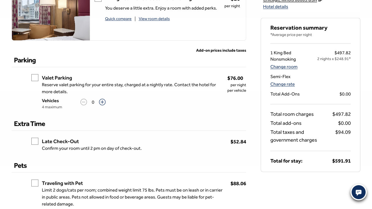 Hilton's reservation summary on Customize Your Stay: 1 King Bed Nonsmoking, 2 nights at an average of $248.91, $497.82, total taxes and government charges of $94.09 and a total for the stay of $591.91, beside unticked add-ons