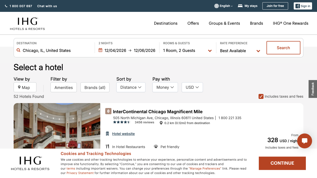 IHG's Select a hotel page with 52 hotels found, the Includes taxes and fees box ticked, and the InterContinental Chicago Magnificent Mile from 328 USD a night including taxes and fees