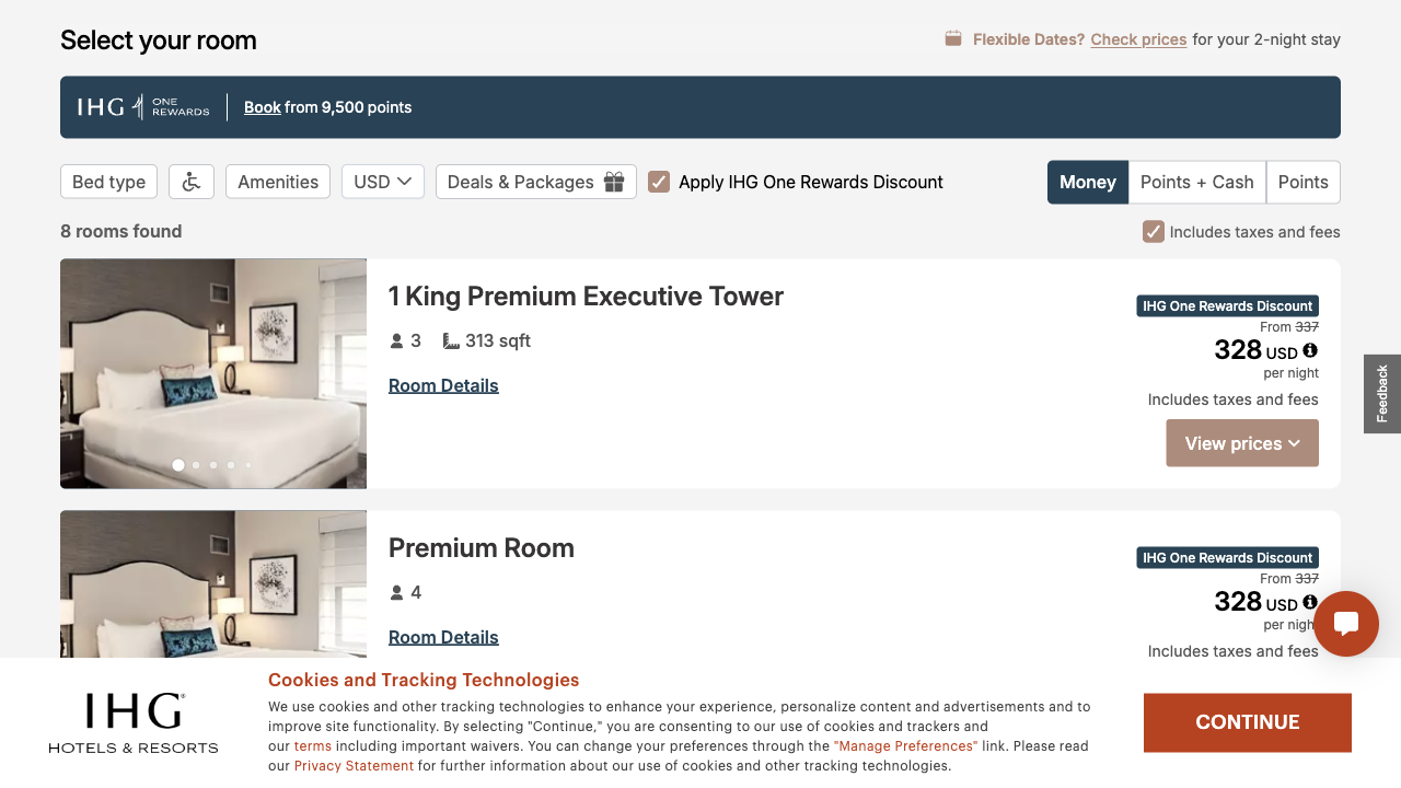 IHG's Select your room list with Apply IHG One Rewards Discount ticked and the 1 King Premium Executive Tower room from 337, crossed out, then 328 USD per night including taxes and fees, under an IHG One Rewards Discount badge
