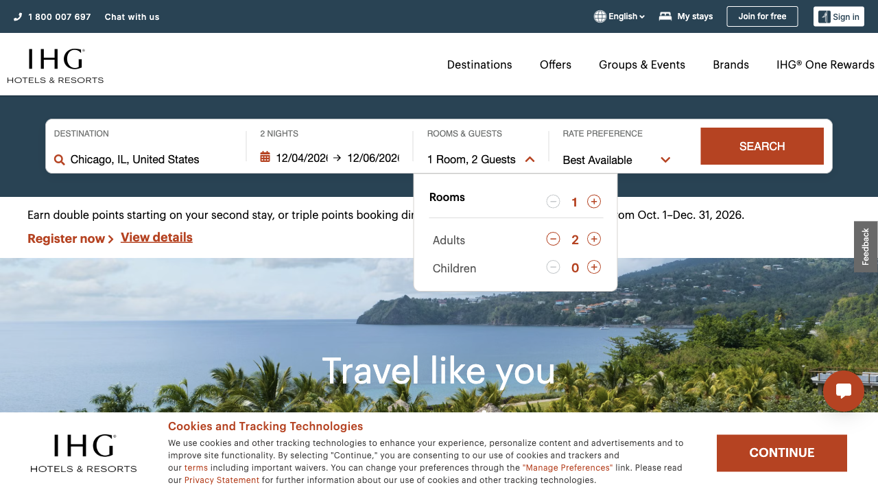 IHG's search filled in with Chicago, IL, United States and 2 nights from 12/04/2026 to 12/06/2026, with the Rooms and Guests panel showing 1 room, 2 adults and 0 children