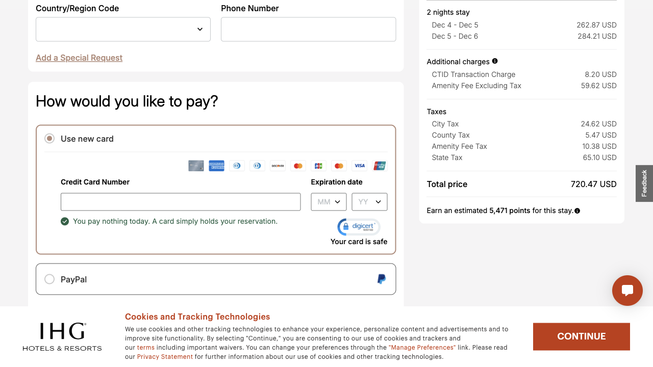IHG's payment page summary itemising two nights at 262.87 and 284.21 USD, a CTID transaction charge of 8.20 USD, an amenity fee of 59.62 USD, four taxes and a total price of 720.47 USD