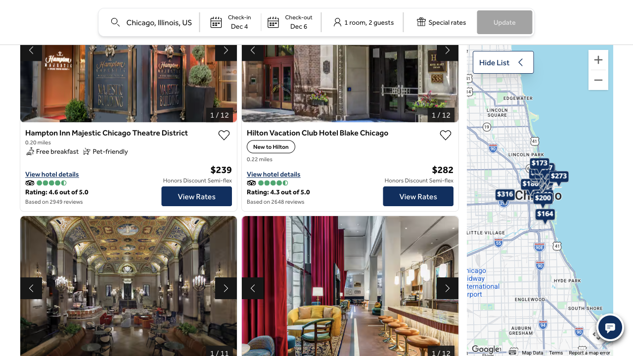 Hilton's live results with the Hampton Inn Majestic Chicago Theatre District at $239, Honors Discount Semi-flex