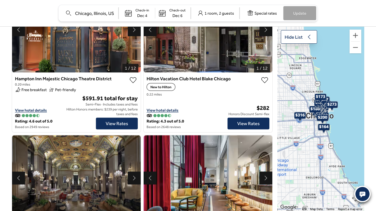 A mock-up of the same results with the Hampton Inn at $591.91 total for stay, Semi-Flex, includes taxes and fees, and a line reading Hilton Honors members: $239 per night, before taxes and fees