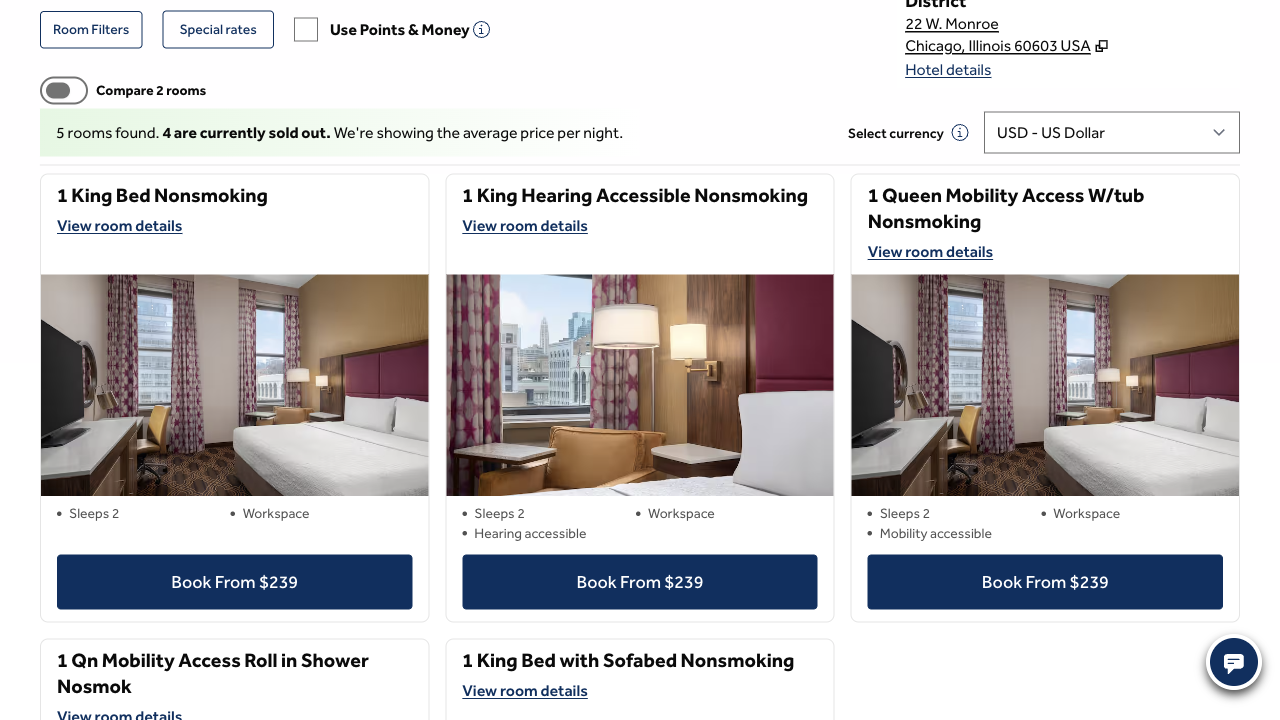 Hilton's live room page saying We're showing the average price per night, with the 1 King Bed Nonsmoking room's Book From $239 button