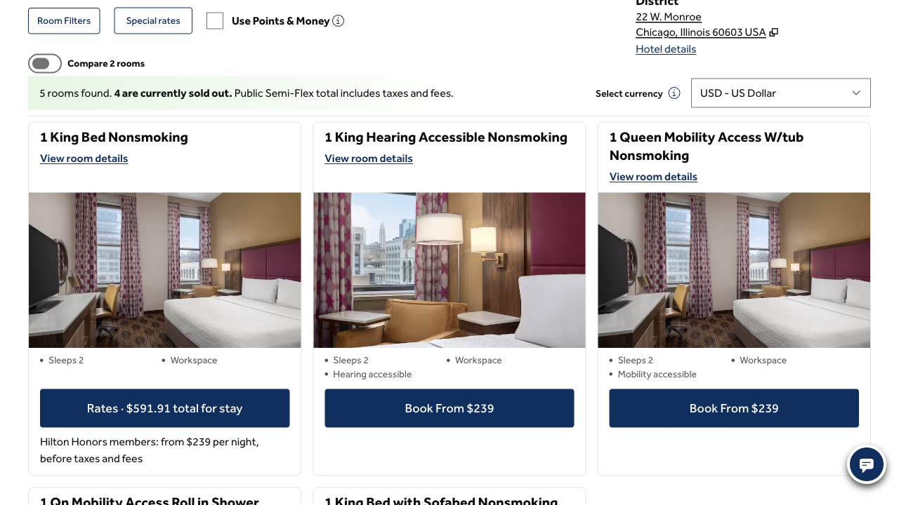 A mock-up of the room page saying Public Semi-Flex total includes taxes and fees, with the King room's button reading Rates, $591.91 total for stay, and a line below reading Hilton Honors members: from $239 per night, before taxes and fees