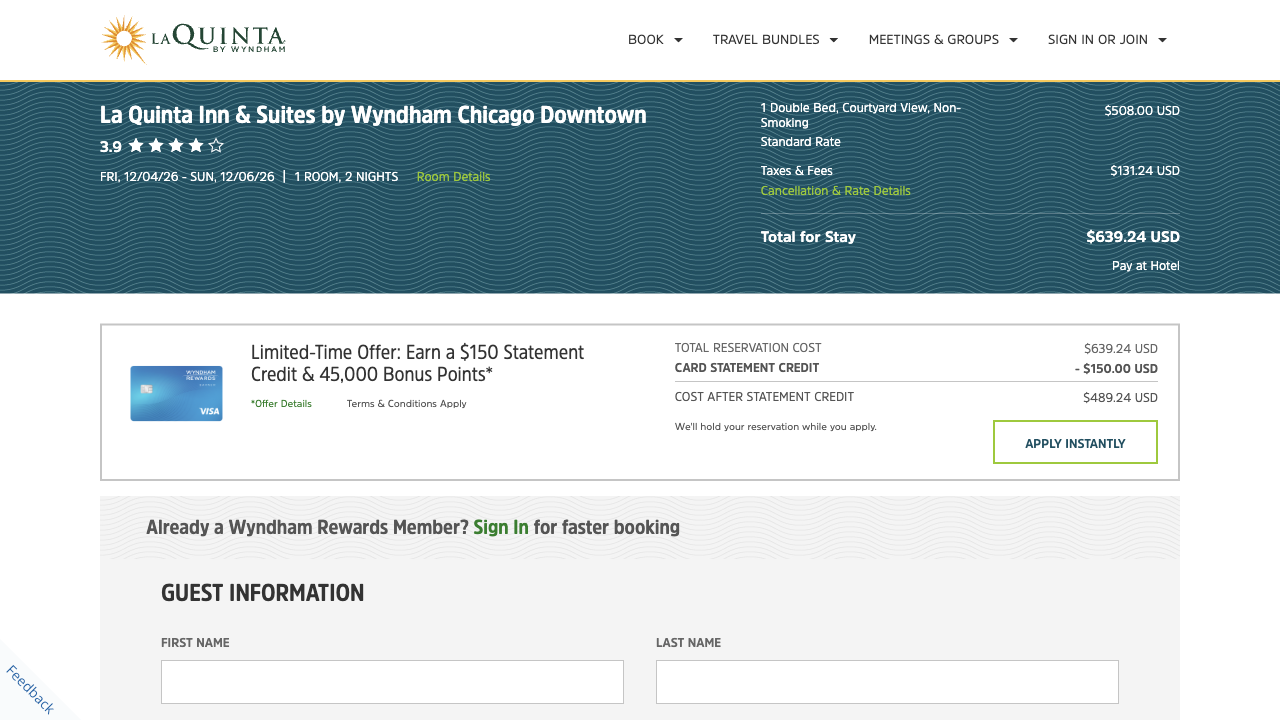 Wyndham's booking page showing the Standard Rate at $508.00, taxes and fees of $131.24 and a total for stay of $639.24, pay at hotel, above a credit card offer showing a cost after statement credit of $489.24