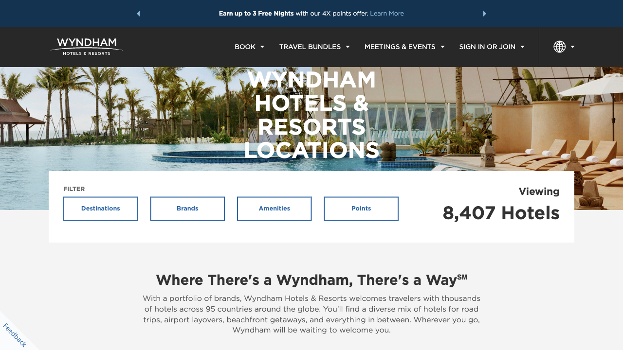 Wyndham's Locations page reading Viewing 8,407 Hotels, with filters for Destinations, Brands, Amenities and Points