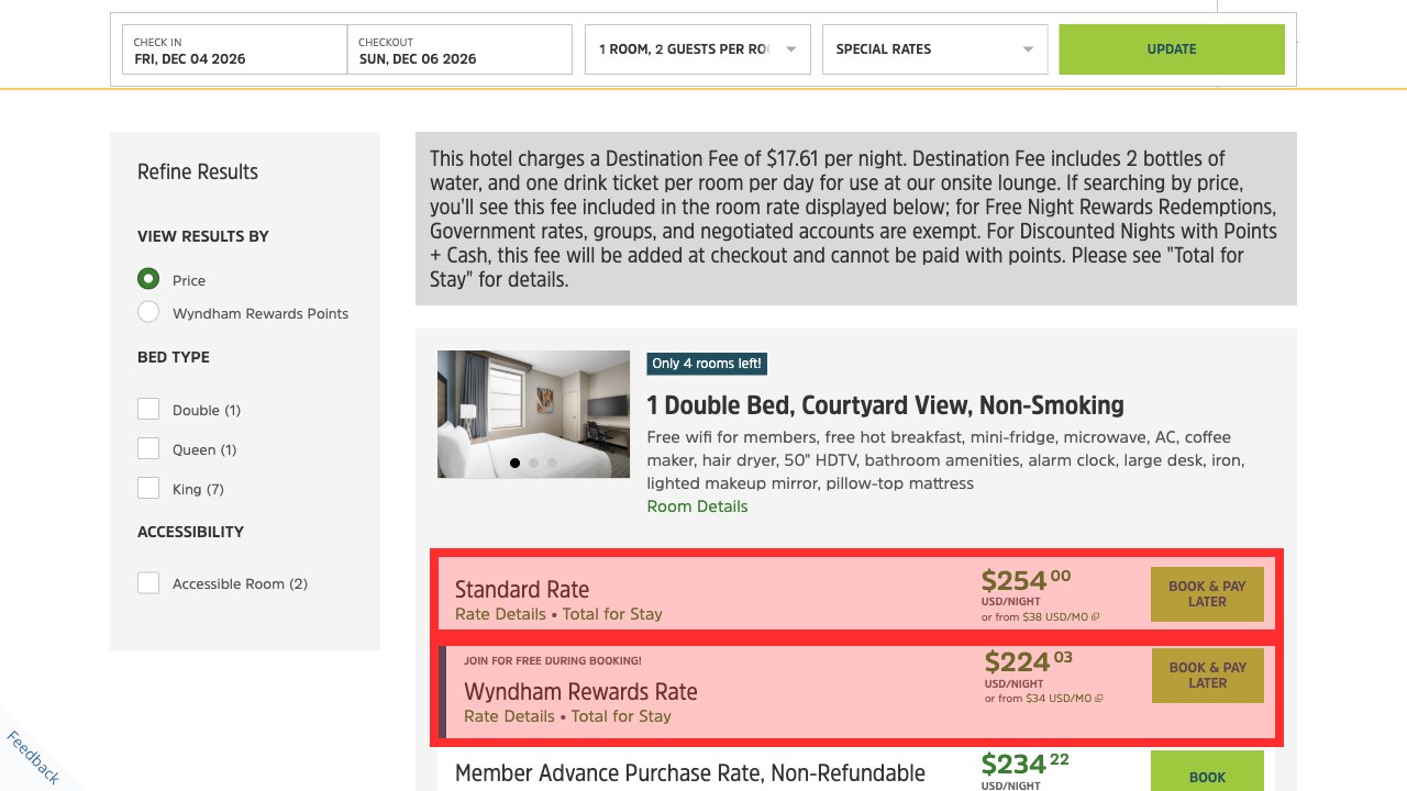 Wyndham's rates for a double room under its destination fee notice, with Standard Rate at $254.00 a night and Wyndham Rewards Rate at $224.03 a night marked in red, each with Rate Details and Total for Stay links