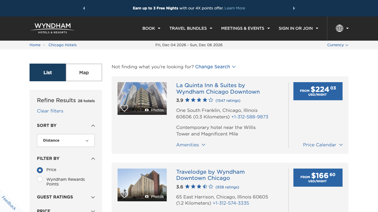 Wyndham's Chicago Hotels results with 28 hotels, La Quinta Inn and Suites by Wyndham Chicago Downtown first from $224.03 USD a night and Travelodge by Wyndham Downtown Chicago from $166.60