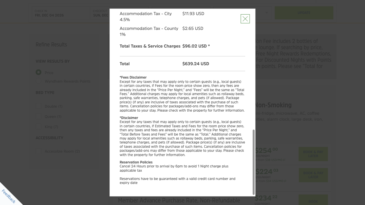 Wyndham's Total for Stay window scrolled to its end, with total taxes and service charges of $96.02 and a total of $639.24 USD