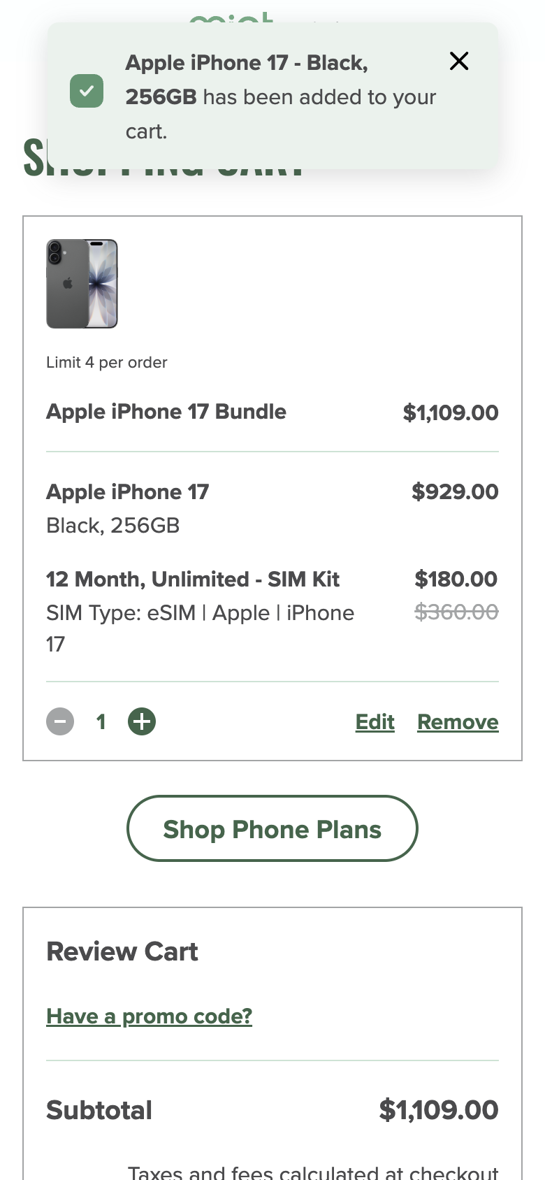 Mint Mobile's cart with the Apple iPhone 17 Bundle at $1,109.00, made of the iPhone at $929.00 and 12 Month Unlimited at $180.00 with $360.00 crossed out