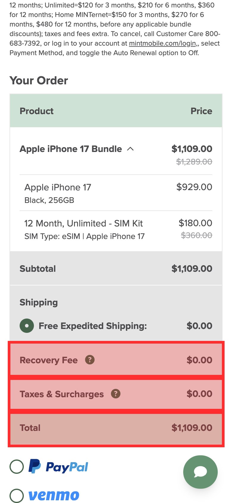 Mint Mobile's checkout order summary with Recovery Fee $0.00, Taxes and Surcharges $0.00 and Total $1,109.00 marked in red, shown before any address is entered