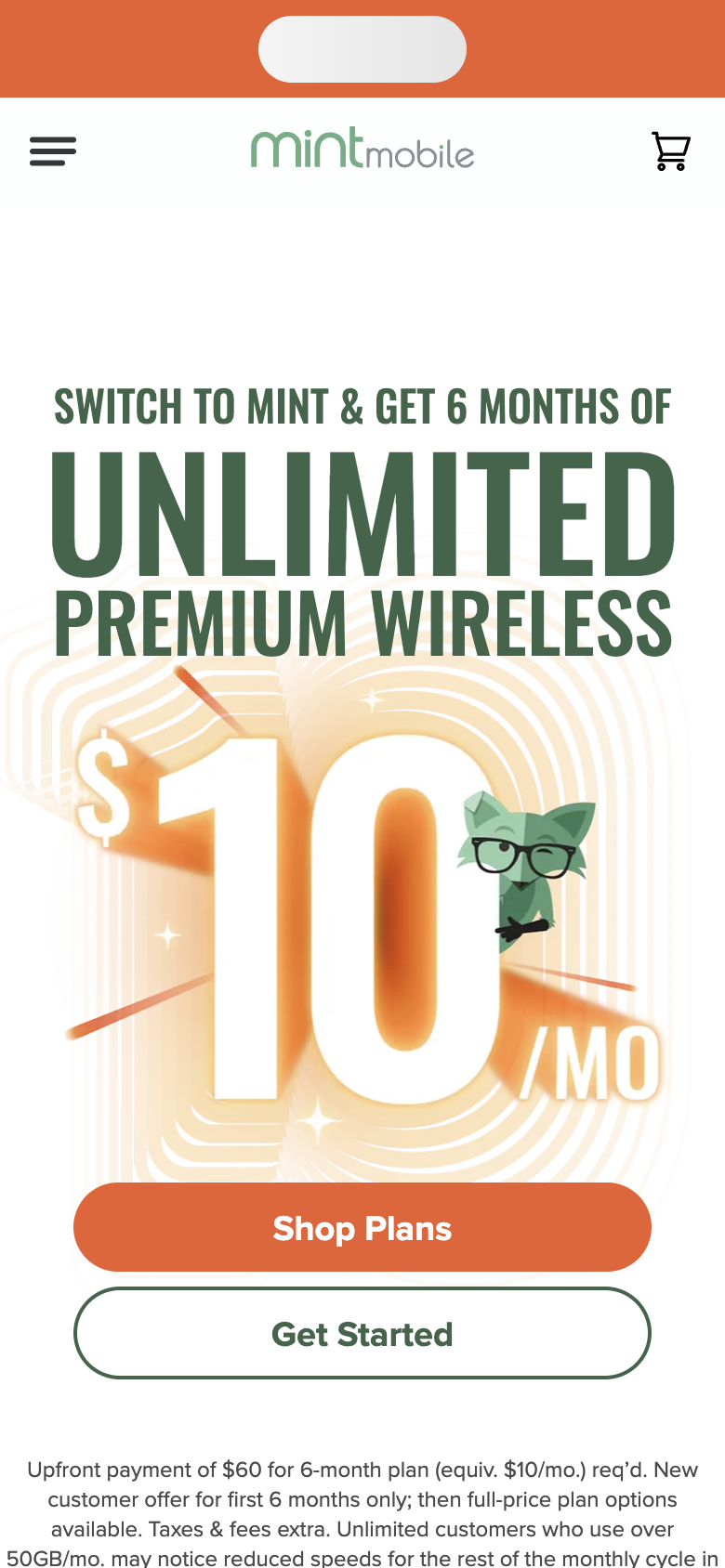 Mint Mobile's home page on a phone offering six months of Unlimited Premium Wireless for $10 a month, with Shop Plans and Get Started buttons