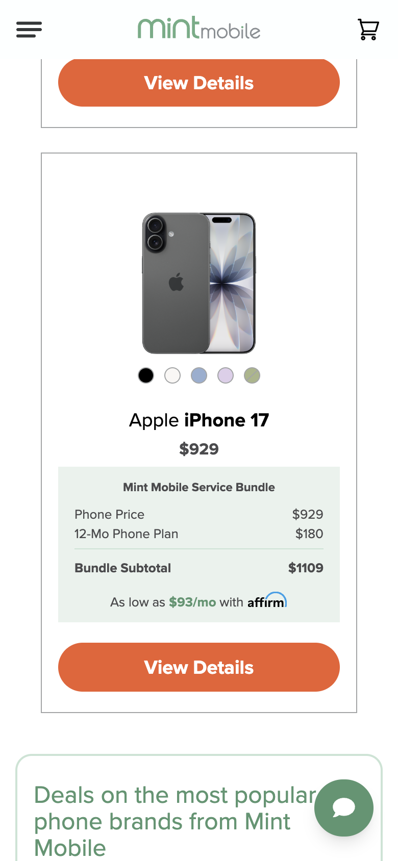 Mint Mobile's Apple iPhone 17 card: $929, then a Mint Mobile Service Bundle of the $929 phone and a $180 12-month plan, a bundle subtotal of $1109 and as low as $93 a month with Affirm