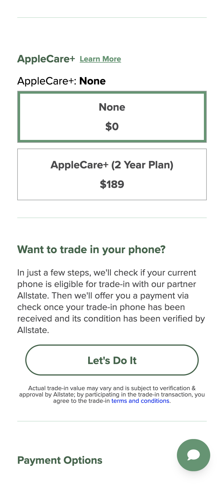 Mint Mobile's AppleCare+ choice with None at $0 selected and the AppleCare+ 2 Year Plan at $189, above an optional trade-in