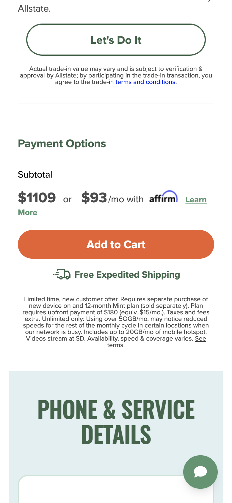 Mint Mobile's Payment Options on the iPhone 17 page showing a subtotal of $1109 or $93 a month with Affirm, above the Add to Cart button