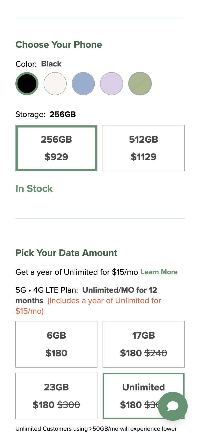 Mint Mobile's Pick Your Data Amount on the iPhone 17 page, with every data amount at $180 for 12 months and Unlimited chosen at $180, $360 crossed out