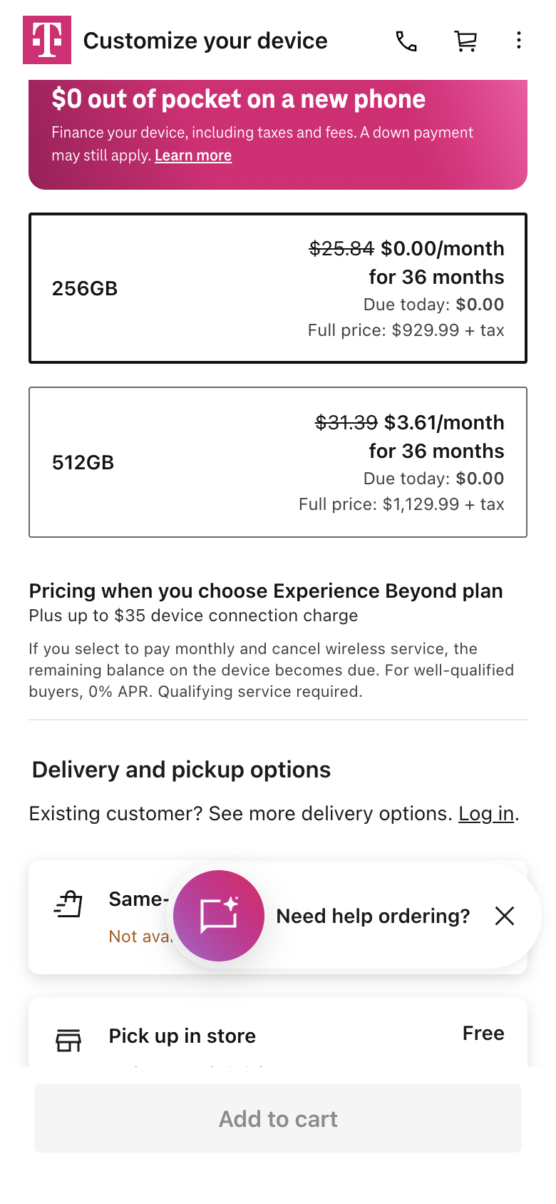 T-Mobile's live iPhone 17 page with 256GB at $25.84 crossed out and $0.00 a month for 36 months, and the note Pricing when you choose Experience Beyond plan